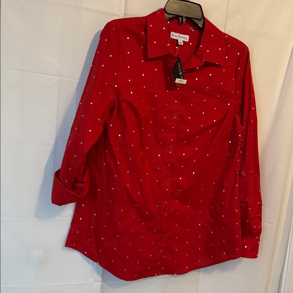 NWT Kim Rogers Small button-down shirt with metallic silver dots Cuff Sleeves - Picture 7 of 11